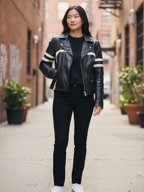 Women Vintage Wilsons Leather Black Leather Jacket with White Stripe Accents